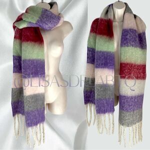 New Soft Multi Color-Block Long Winter Scarf with Fringe